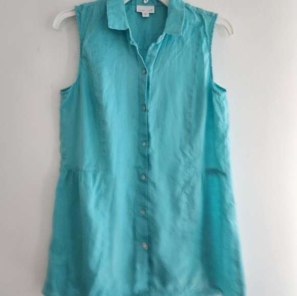 J.Jill Love Linen Blue/Green 100% Linen Button Down Sleevesss Blouse size Small - Picture 2 of 7